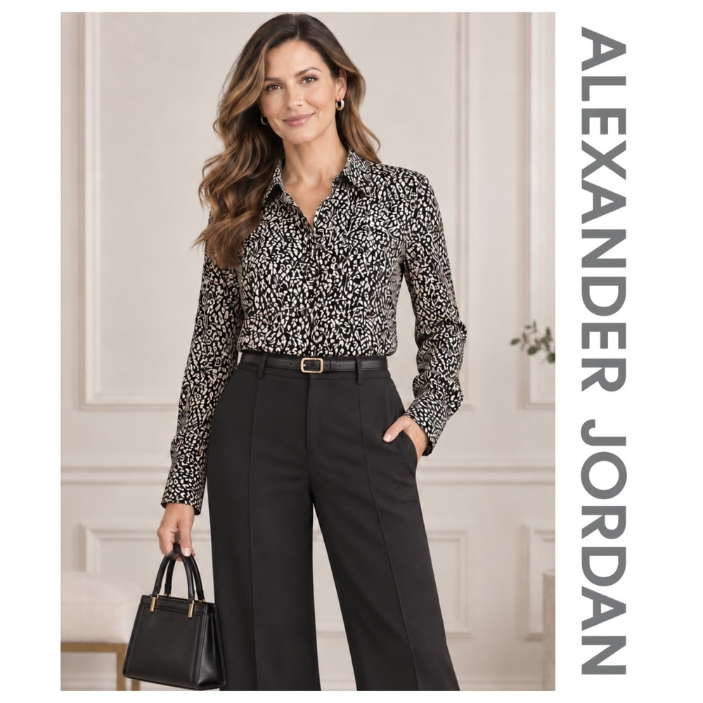 Alexander Jordan Black Cream Floral Long Sleeve Career Capsule Blouse Top M NWT